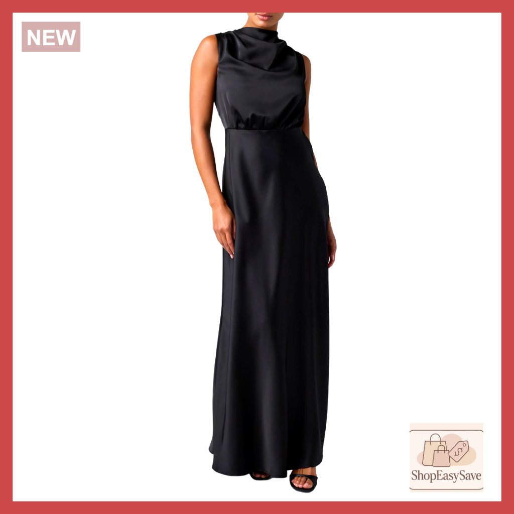 Satin Maxi Dress Elegant Cocktail Party Wear Mock Neck Back Cutout